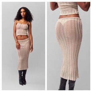 NWT Danielle Guizio Slinky Rib Knit Midi Maxi Skirt Beige Sheer size S